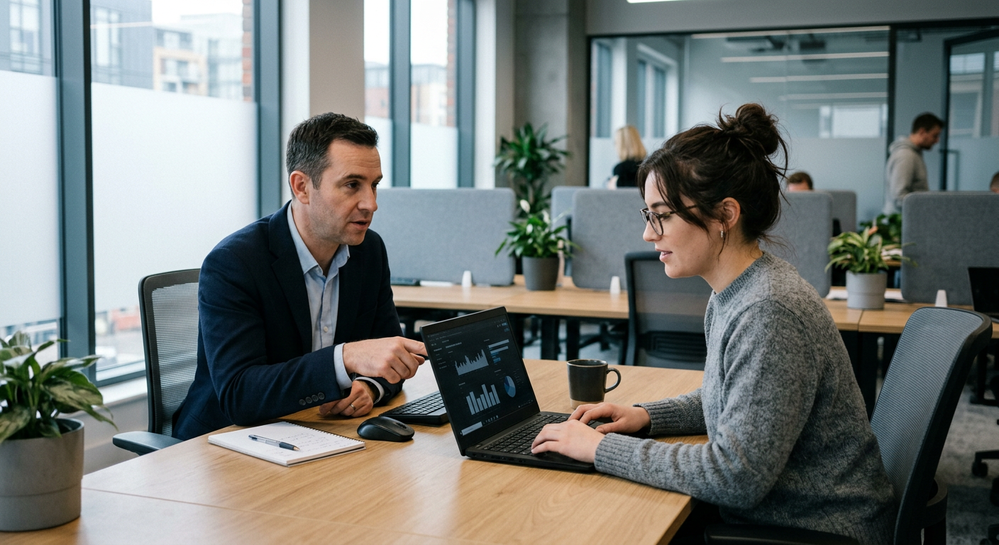 SI Consulting consultant training an employee on a new AI workflow